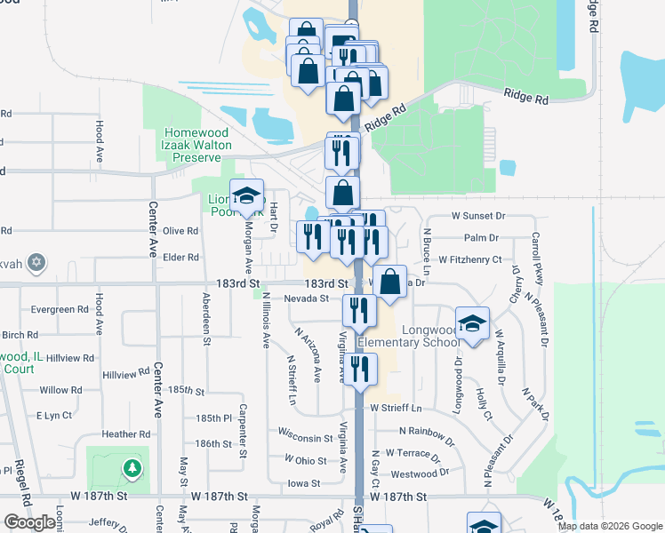 map of restaurants, bars, coffee shops, grocery stores, and more near 820 183rd Street in Homewood