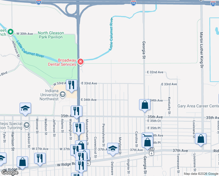 map of restaurants, bars, coffee shops, grocery stores, and more near 3357 Delaware Street in Gary