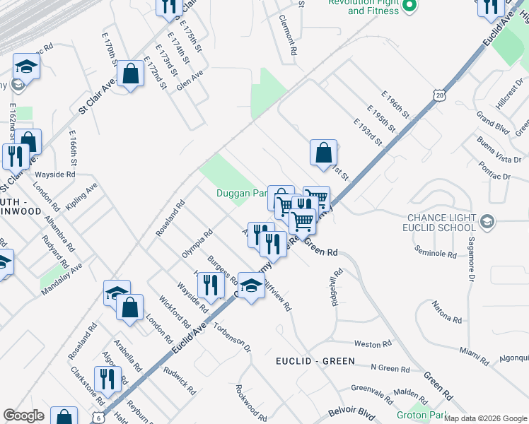 map of restaurants, bars, coffee shops, grocery stores, and more near 18235 Euclid Avenue in Cleveland