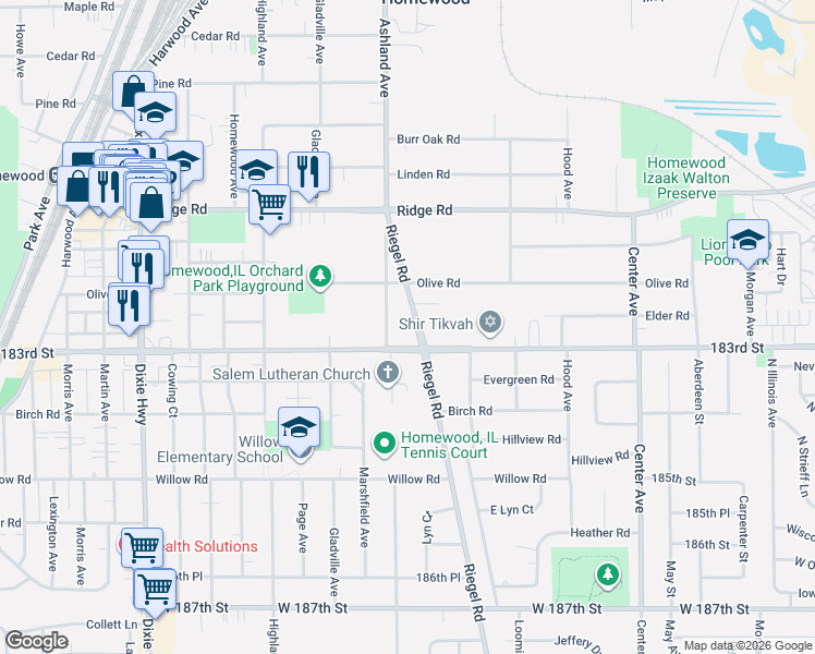map of restaurants, bars, coffee shops, grocery stores, and more near 1556 183rd Street in Homewood