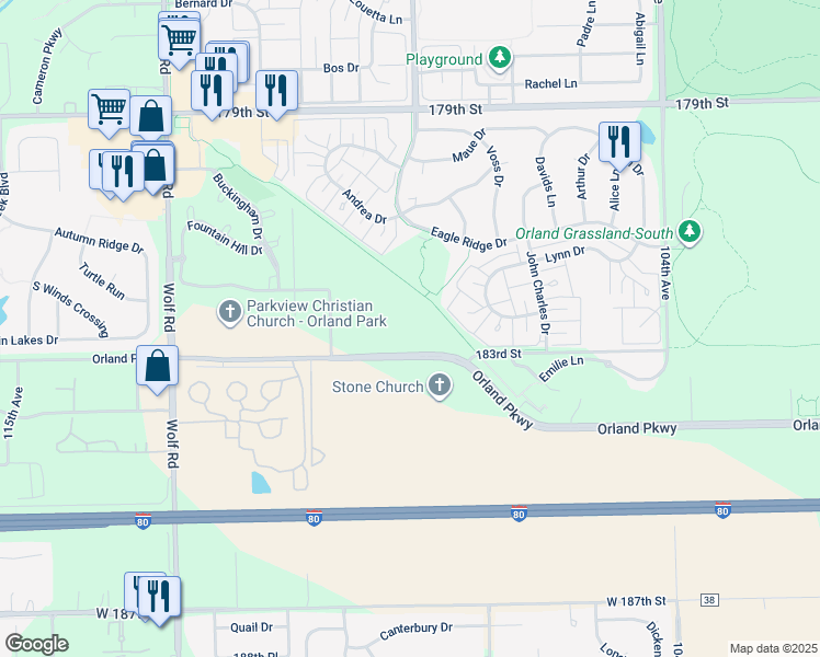 map of restaurants, bars, coffee shops, grocery stores, and more near 183rd Street in Orland Park