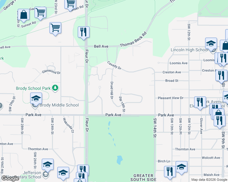map of restaurants, bars, coffee shops, grocery stores, and more near 3000 Southwest 18th Street in Des Moines