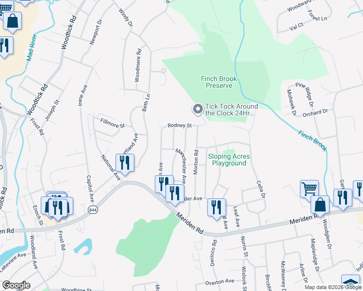 map of restaurants, bars, coffee shops, grocery stores, and more near 8 Cheryl Jane Drive in Waterbury