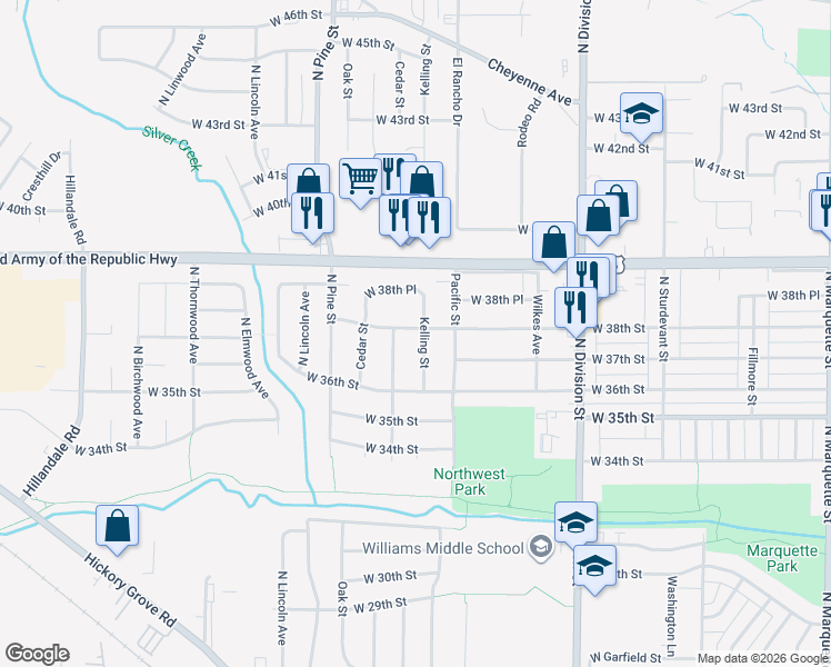 map of restaurants, bars, coffee shops, grocery stores, and more near 3707 Volquardsen Avenue in Davenport
