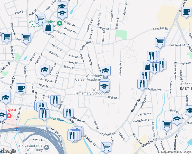 map of restaurants, bars, coffee shops, grocery stores, and more near 157 Beech Street in Waterbury