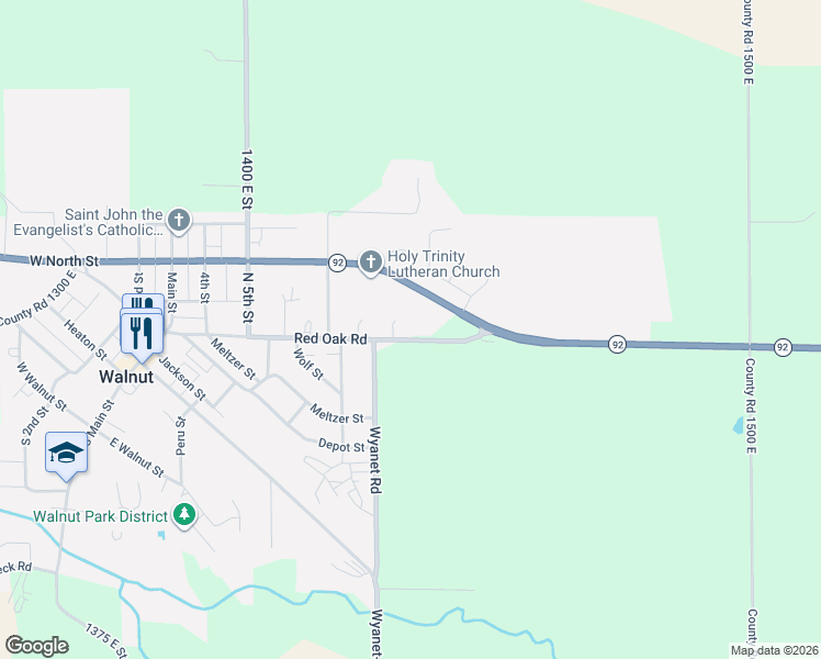 map of restaurants, bars, coffee shops, grocery stores, and more near County Road 2850 North in Walnut