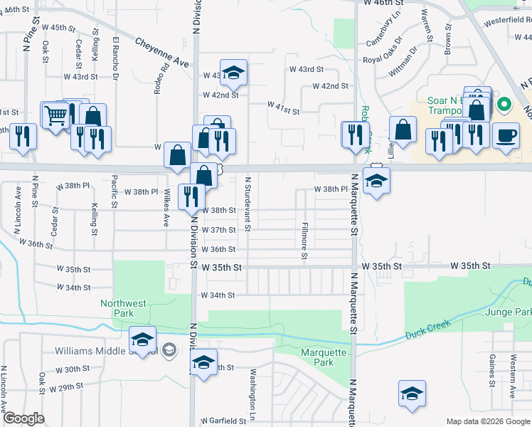 map of restaurants, bars, coffee shops, grocery stores, and more near 1517 West 38th Street in Davenport