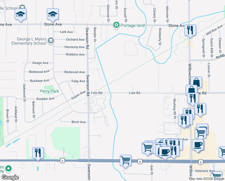 map of restaurants, bars, coffee shops, grocery stores, and more near 5716 Lute Road in Portage