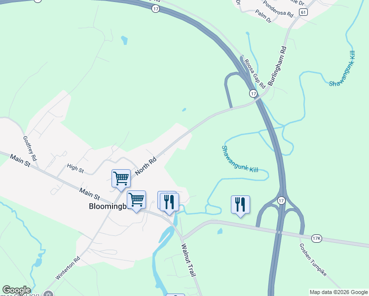 map of restaurants, bars, coffee shops, grocery stores, and more near 84 County Road 61 in Bloomingburg