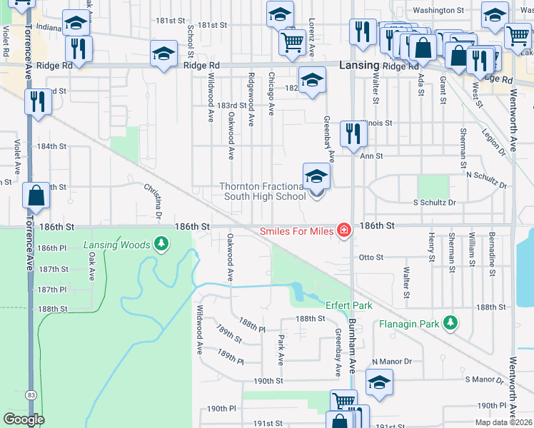 map of restaurants, bars, coffee shops, grocery stores, and more near 18546 Chicago Avenue in Lansing