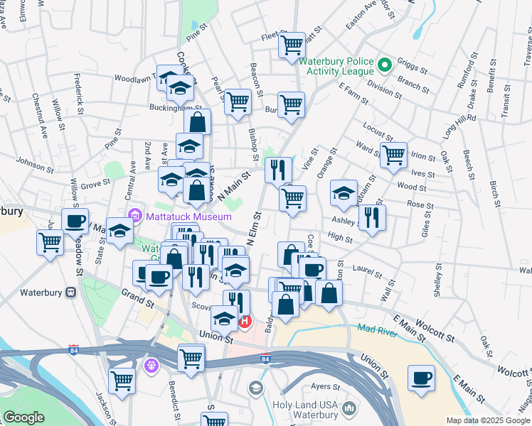 map of restaurants, bars, coffee shops, grocery stores, and more near 16 Cherry Avenue in Waterbury