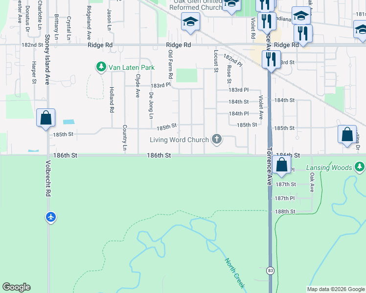 map of restaurants, bars, coffee shops, grocery stores, and more near 18561 Old Farm Road in Lansing