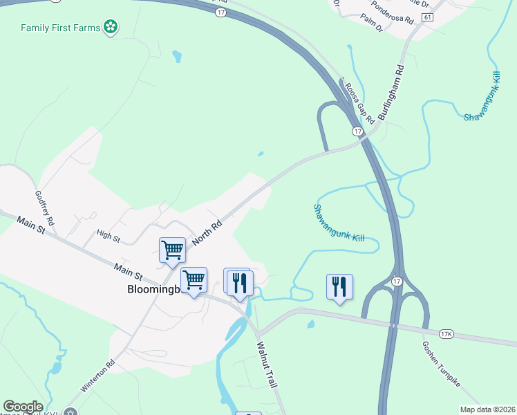 map of restaurants, bars, coffee shops, grocery stores, and more near 84 County Road 61 in Bloomingburg