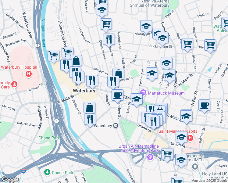 map of restaurants, bars, coffee shops, grocery stores, and more near 380 West Main Street in Waterbury