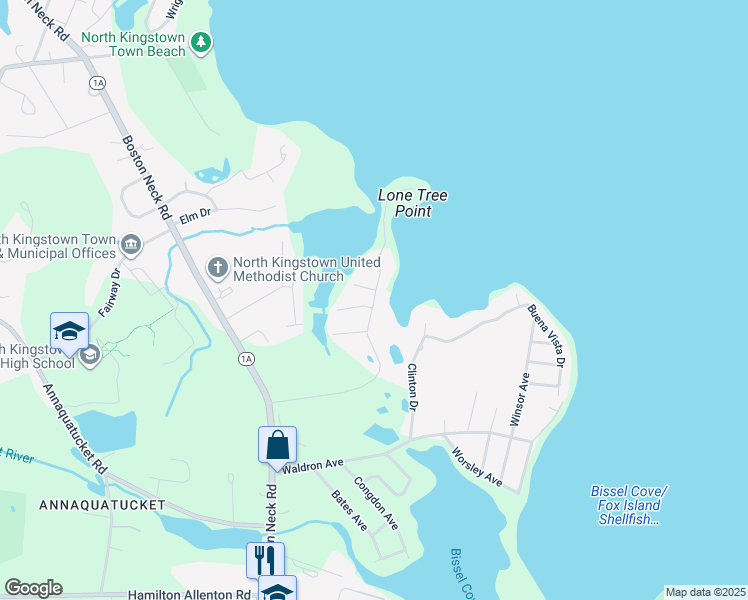 map of restaurants, bars, coffee shops, grocery stores, and more near Earle Drive in North Kingstown