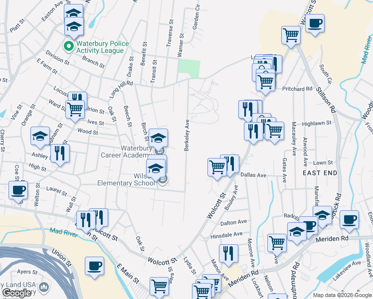 map of restaurants, bars, coffee shops, grocery stores, and more near Berkeley Avenue in Waterbury