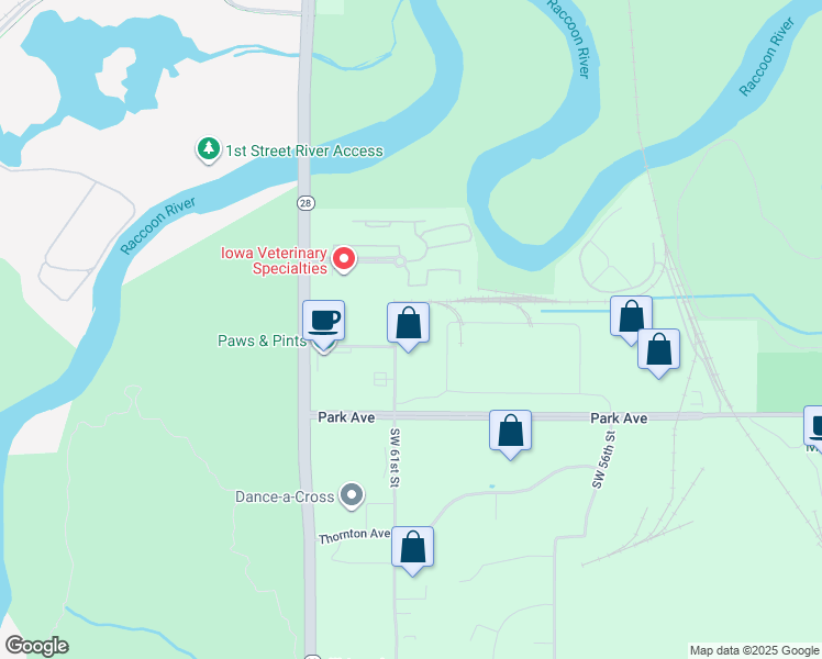 map of restaurants, bars, coffee shops, grocery stores, and more near 6029 Willowmere Circle in Des Moines