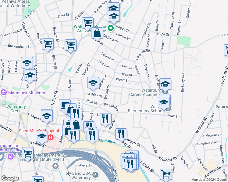 map of restaurants, bars, coffee shops, grocery stores, and more near 23 Webb Street in Waterbury