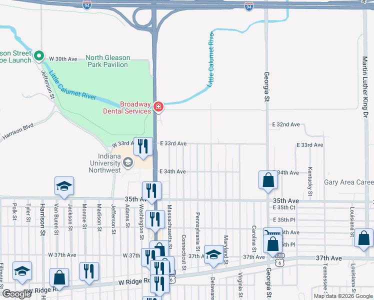 map of restaurants, bars, coffee shops, grocery stores, and more near 3360 Connecticut Street in Gary