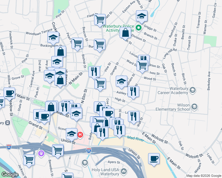 map of restaurants, bars, coffee shops, grocery stores, and more near 115 Orange Street in Waterbury