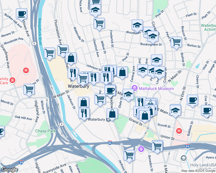 map of restaurants, bars, coffee shops, grocery stores, and more near 495 Meadow Street in Waterbury