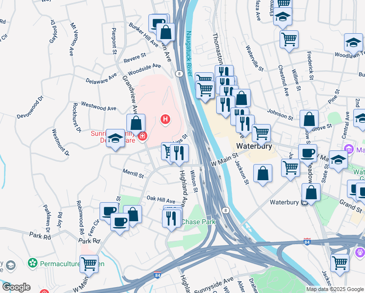 map of restaurants, bars, coffee shops, grocery stores, and more near 990 West Main Street in Waterbury