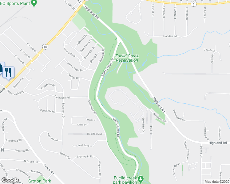 map of restaurants, bars, coffee shops, grocery stores, and more near 38 Trenton Square in Euclid