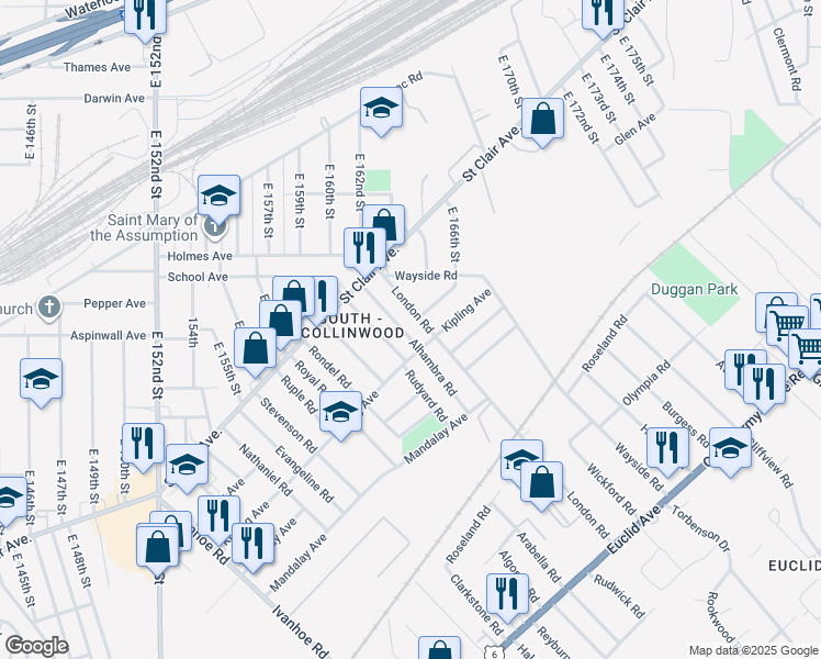 map of restaurants, bars, coffee shops, grocery stores, and more near 858 Alhambra Road in Cleveland