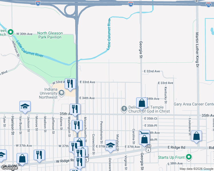 map of restaurants, bars, coffee shops, grocery stores, and more near 3357 Delaware Street in Gary