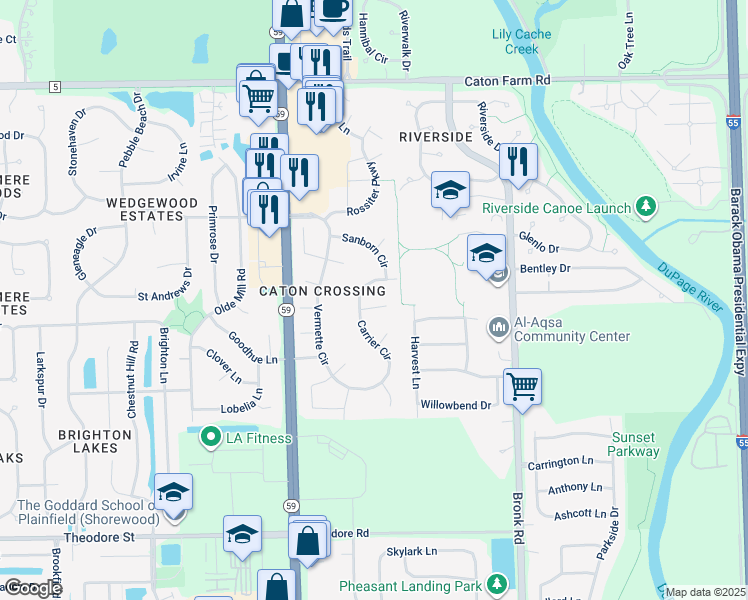 map of restaurants, bars, coffee shops, grocery stores, and more near 1921 Carrier Circle in Plainfield