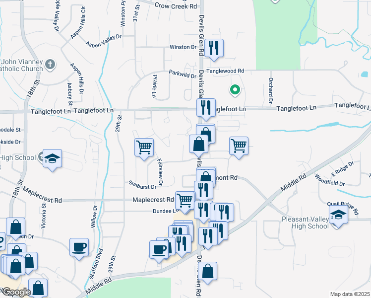 map of restaurants, bars, coffee shops, grocery stores, and more near 3420 Johnathan Avenue in Bettendorf