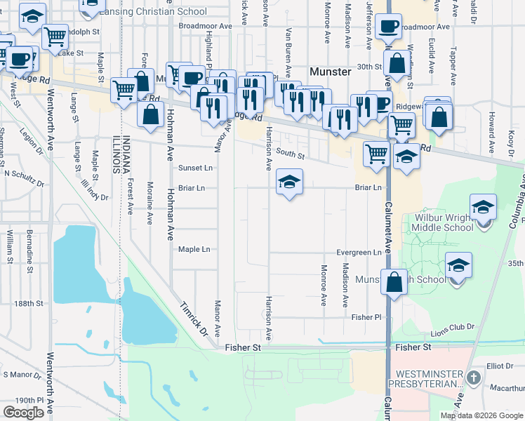 map of restaurants, bars, coffee shops, grocery stores, and more near 8601-8699 Harrison Avenue in Munster