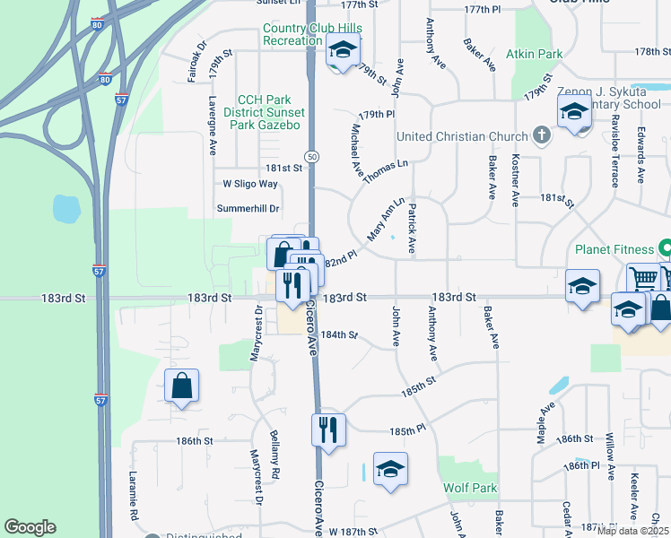 map of restaurants, bars, coffee shops, grocery stores, and more near 4735 182nd Place in Country Club Hills