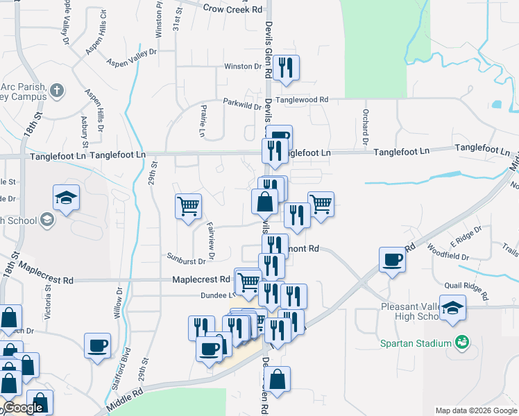 map of restaurants, bars, coffee shops, grocery stores, and more near 3420 Johnathan Avenue in Bettendorf