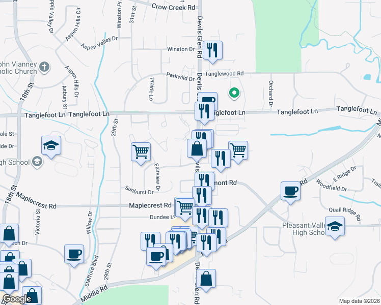 map of restaurants, bars, coffee shops, grocery stores, and more near 3420 Johnathan Avenue in Bettendorf