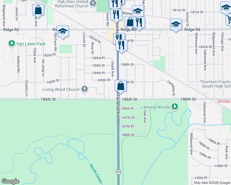 map of restaurants, bars, coffee shops, grocery stores, and more near 18550 Torrence Avenue in Lansing