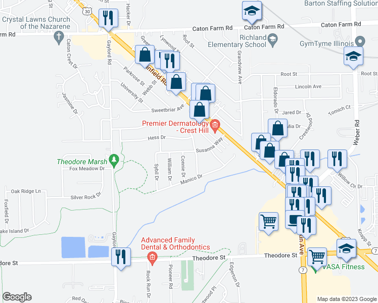 map of restaurants, bars, coffee shops, grocery stores, and more near 2209 Susanna Way in Crest Hill