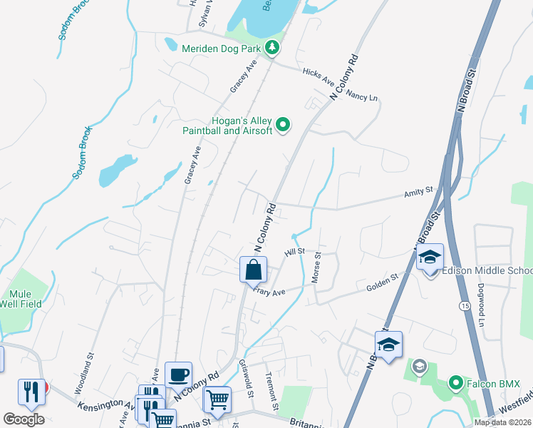 map of restaurants, bars, coffee shops, grocery stores, and more near 882 North Colony Road in Meriden