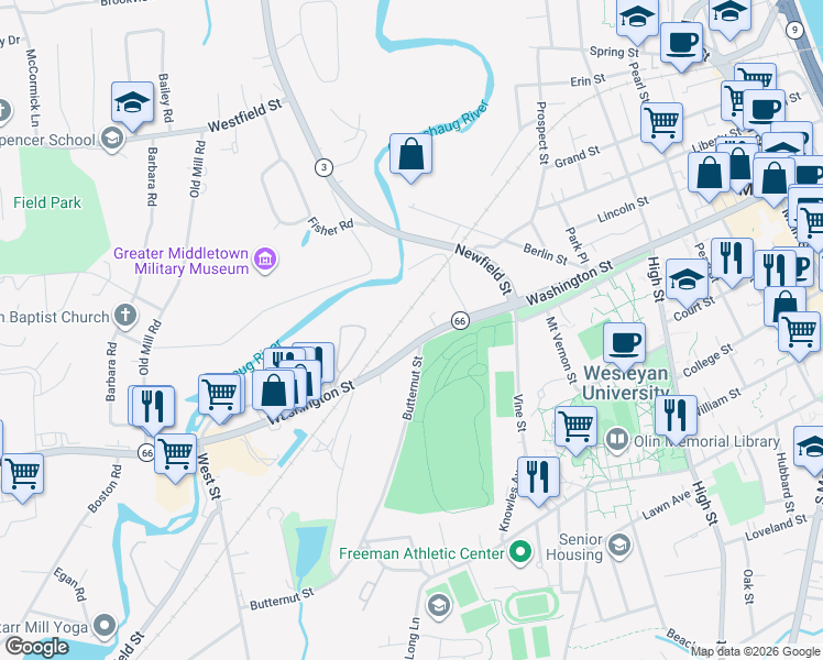 map of restaurants, bars, coffee shops, grocery stores, and more near 25 Butternut Street in Middletown