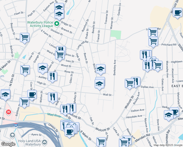 map of restaurants, bars, coffee shops, grocery stores, and more near 182 Birch Street in Waterbury