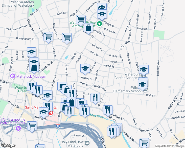 map of restaurants, bars, coffee shops, grocery stores, and more near 177 Walnut Street in Waterbury