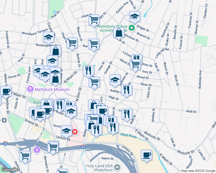 map of restaurants, bars, coffee shops, grocery stores, and more near 115 Orange Street in Waterbury
