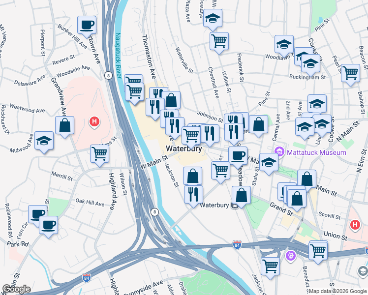 map of restaurants, bars, coffee shops, grocery stores, and more near in Waterbury