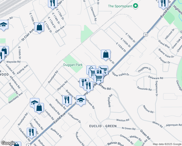 map of restaurants, bars, coffee shops, grocery stores, and more near 18235 Euclid Avenue in Cleveland