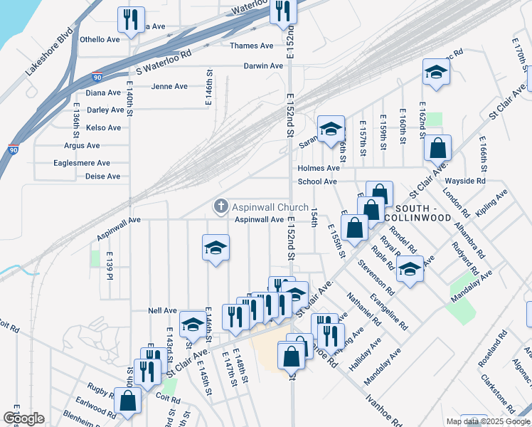 map of restaurants, bars, coffee shops, grocery stores, and more near 822 East 150th Street in Cleveland