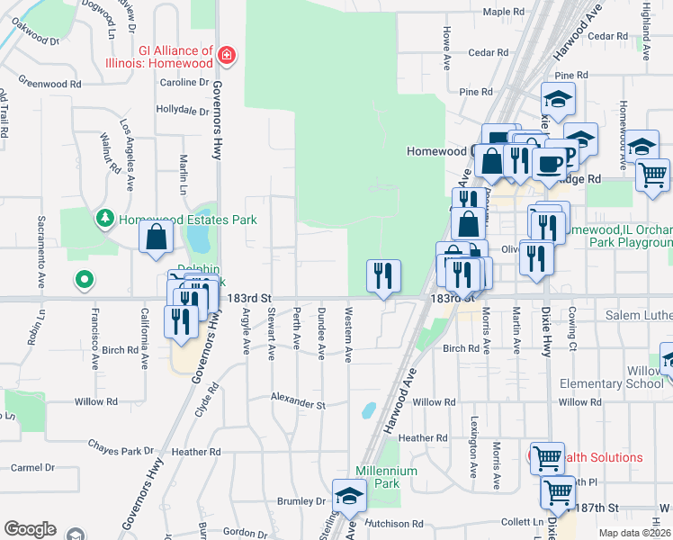 map of restaurants, bars, coffee shops, grocery stores, and more near 2426 183rd Street in Homewood