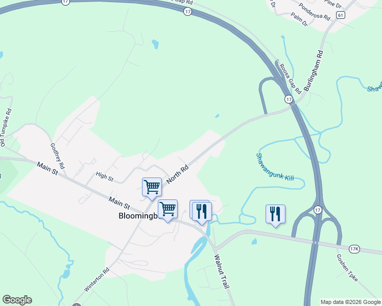 map of restaurants, bars, coffee shops, grocery stores, and more near 59 North Road in Wurtsboro