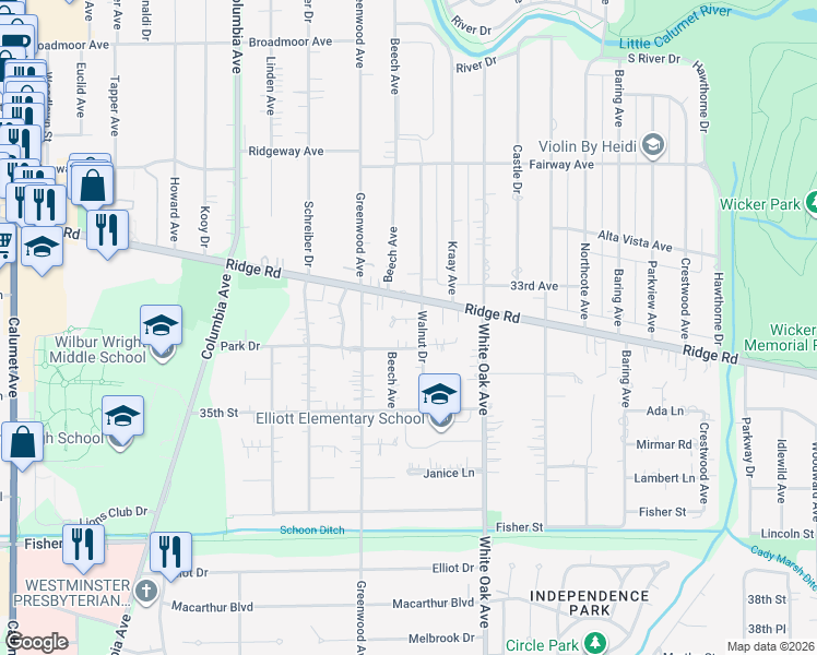 map of restaurants, bars, coffee shops, grocery stores, and more near 8604 Walnut Drive in Munster