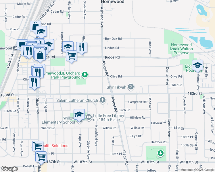 map of restaurants, bars, coffee shops, grocery stores, and more near 1556 183rd Street in Homewood