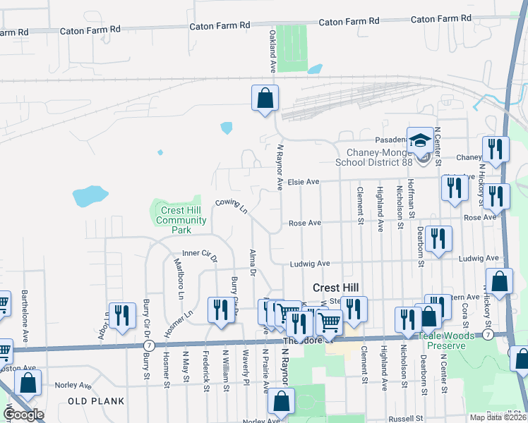 map of restaurants, bars, coffee shops, grocery stores, and more near 1949 Cowing Lane in Crest Hill